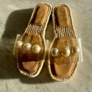 Zara slide sandals clear straps with big pearls
